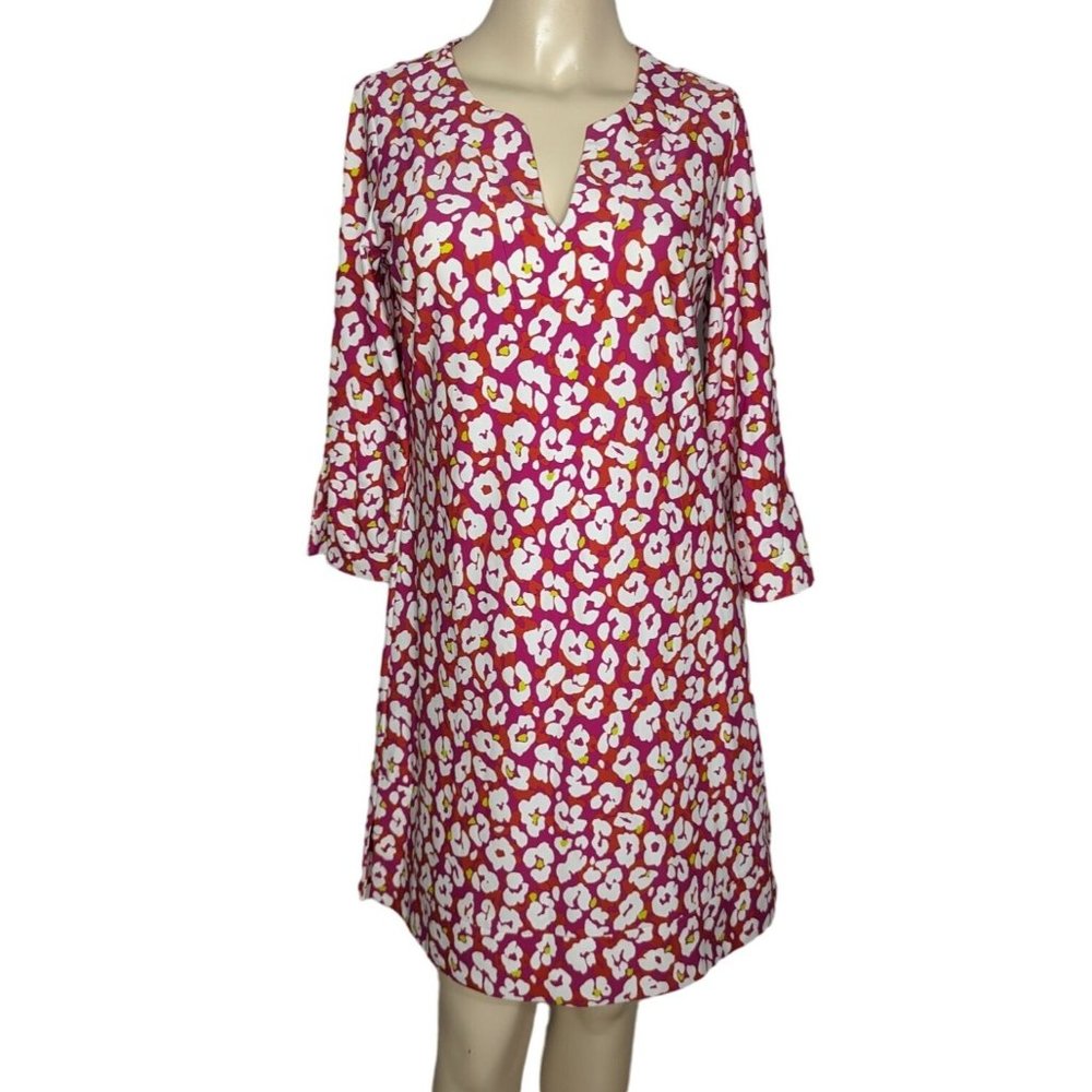 June Connally V neck pink white floral‎ abstract above knee summer dress Size M